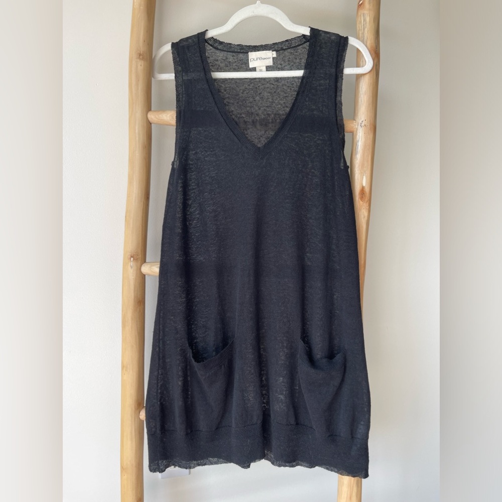 DKNY Pure 100% Linen Sheer Black Fine Knit V-Neck Tunic Coverup Mini Dress XS